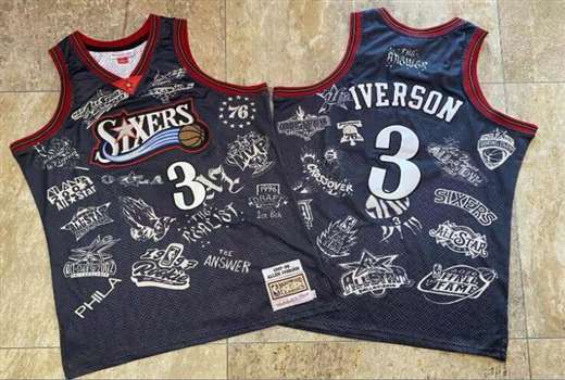 Men's 76ers 3 Allen Iverson Black 1997-98 Hardwood Classics Jersey