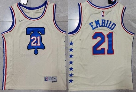 Men's Philadelphia 76ers #21 Joel Embiid Cream Earned Icon Swingman Jersey
