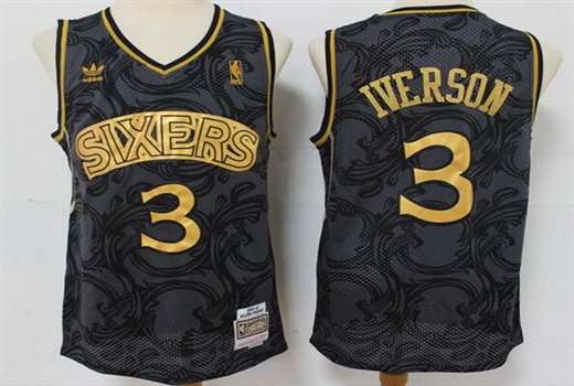 Men's Philadelphia 76ers #3 Allen Iverson Black Gold Throwback Swingman Jersey
