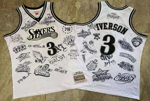 Men's 76ers 3 Allen Iverson White 1997-98 Hardwood Classics Jersey