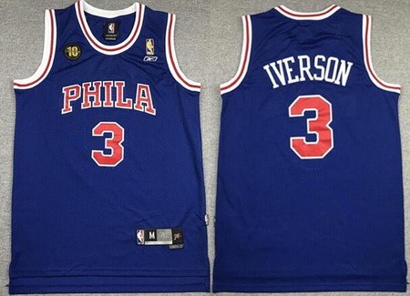Men's Philadelphia 76ers #3 Allen Iverson Blue Throwback 10th Reebok Swingman Jersey