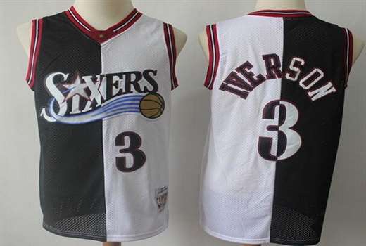 Men's Philadelphia 76ers #3 Allen Iverson Black White Split 1996 Throwback Swingman Jersey