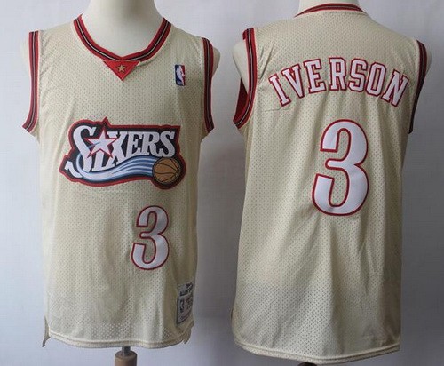 Men's Philadelphia 76ers #3 Allen Iverson Cream 1998 Hollywood classics Throwback Swingman Jersey