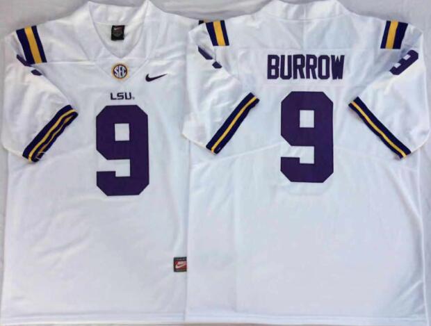 Mens NCAA LSU Tigers 9 Burrow White College Football Jersey