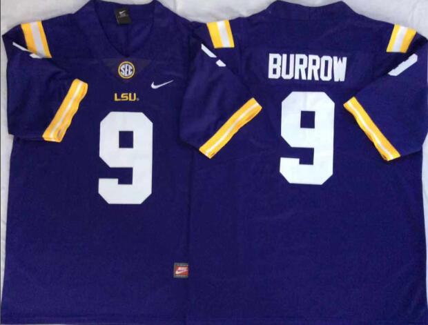 Mens NCAA LSU Tigers 9 Burrow Purple College Football Jersey