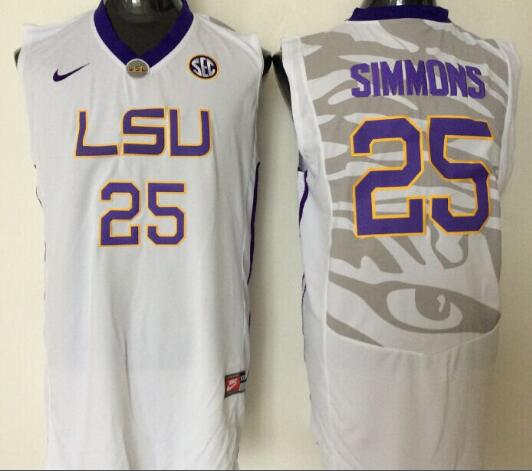 Mens NCAA LSU Tigers 25 Simmons White College Basketball Jersey