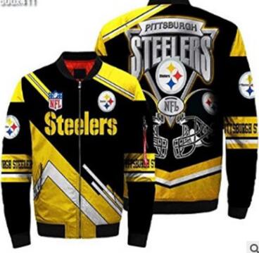 Mens NFL Football Pittsburgh Steelers Flying Stand Neck Coat 3D Digital Printing Customized Jackets 2