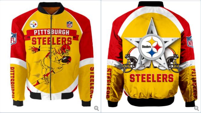 Mens NFL Football Pittsburgh Steelers Flying Stand Neck Coat 3D Digital Printing Customized Jackets 1