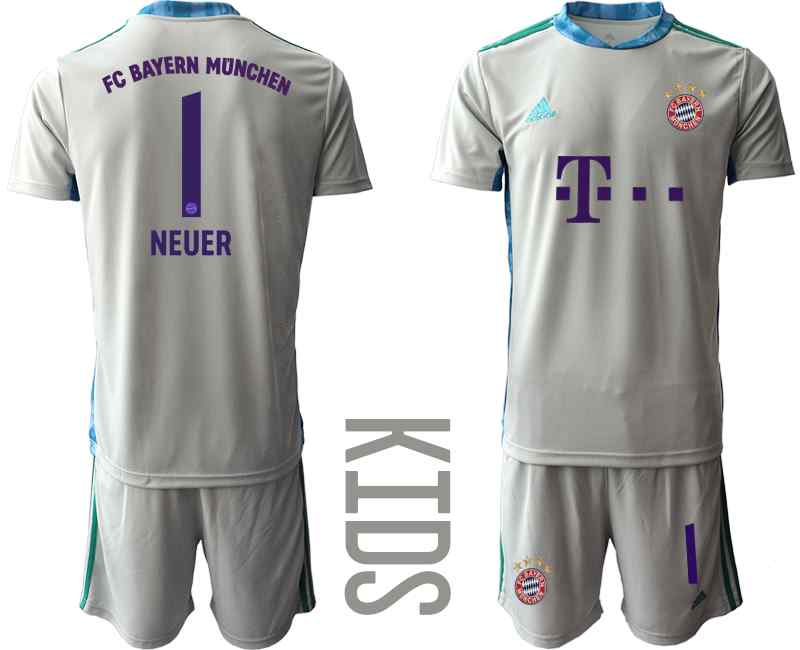2020-21 Bayern Munich 1 NEUER Gray Youth Goalkeeper Soccer Jersey