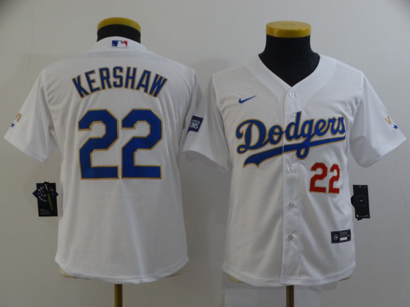 Dodgers 22 Clayton Kershaw White Youth Nike 2021 Gold Program Cool Base Jersey