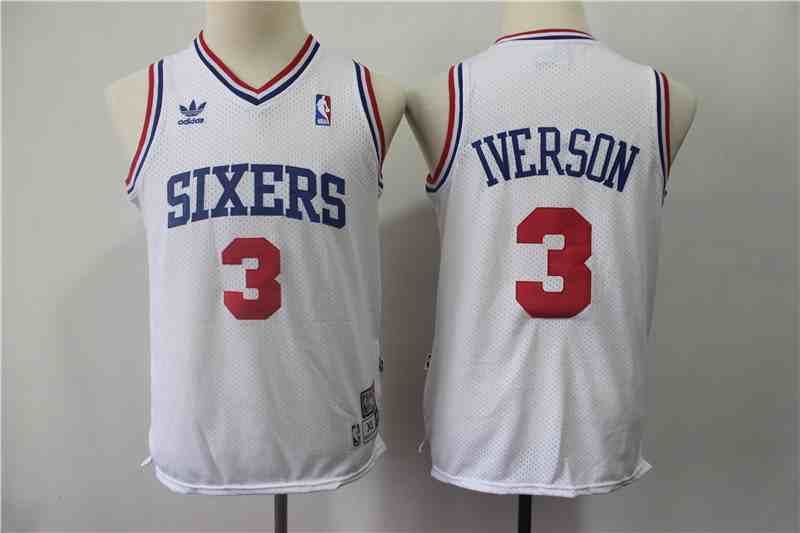 76ers 3 Allen Iverson White Youth Hardwood Classics Throwback Jersey