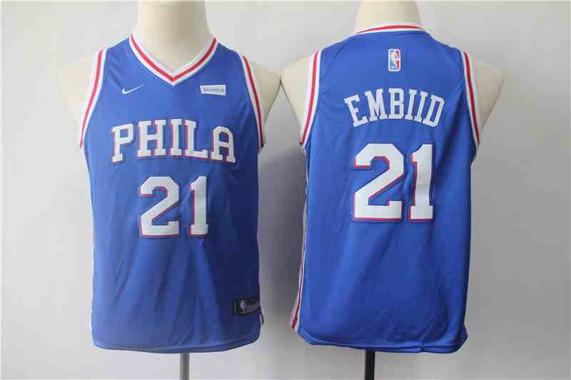 76ers 21 Joel Embiid Blue Youth Nike Swingman Jersey (2)