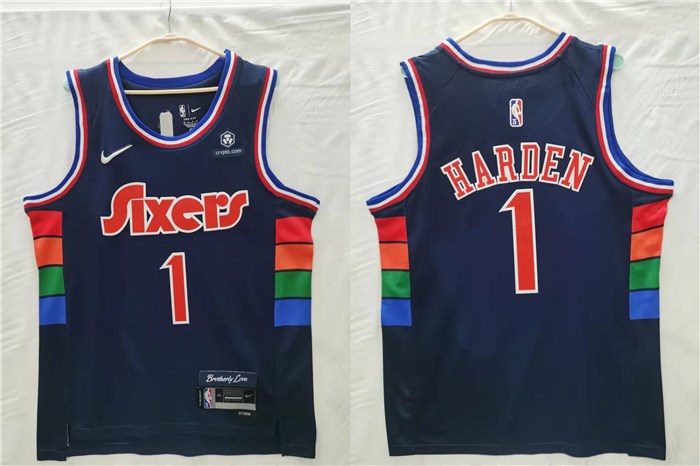 Men's Philadelphia 76ers #1 James Harden Navy Diamond 75th Icon Hot Press Jersey