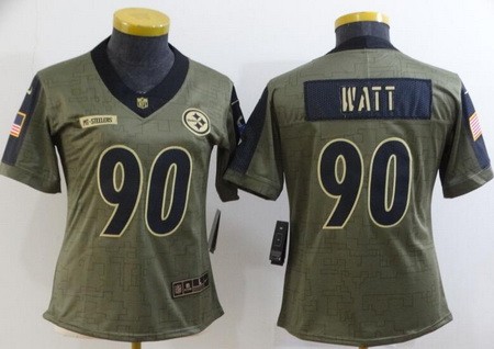 Women's Pittsburgh Steelers #90 TJ Watt Limited Olive 2021 Salute To Service Jersey