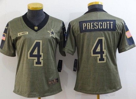 Women's Dallas Cowboys #4 Dak Prescott Limited Olive 2021 Salute To Service Jersey