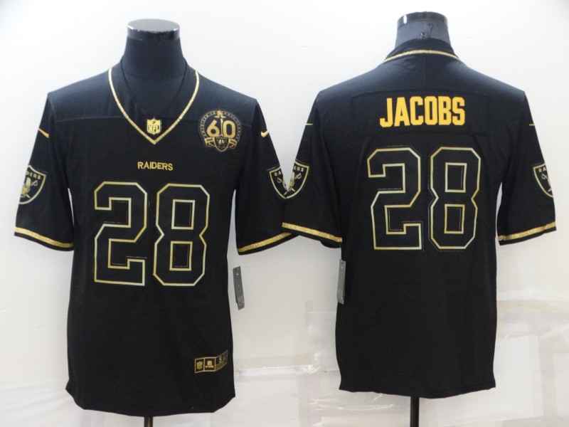 Men's Las Vegas Raiders 28 Josh Jacobs Black Golden Edition 60th Patch Stitched Nike Limited Jersey