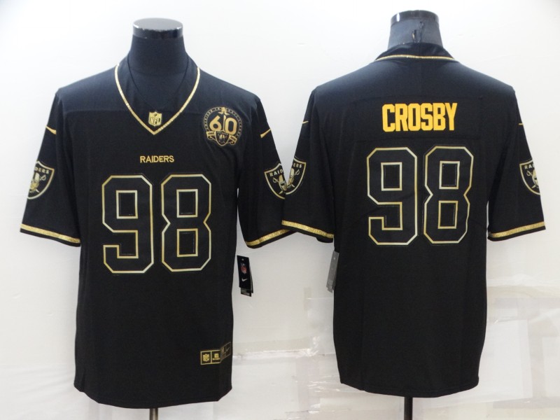 Men's Las Vegas Raiders 98 Maxx Crosby Black Golden Edition 60th Patch Stitched Nike Limited Jersey