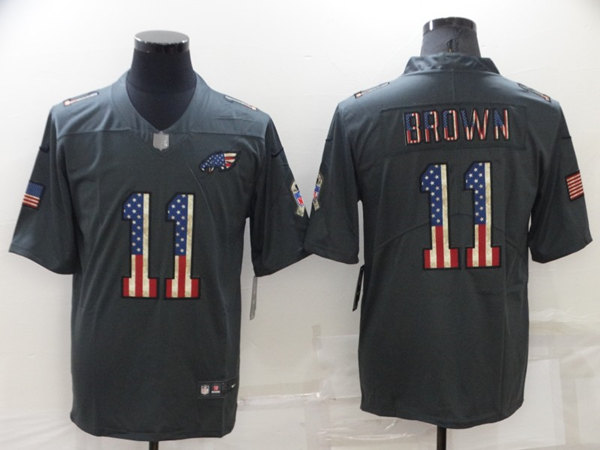 Men's Philadelphia Eagles 11 A. J. Brown Grey Salute To Service USA Flag Stitched Jersey