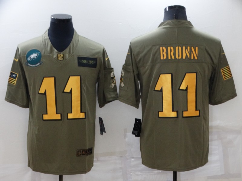 Men's Philadelphia Eagles 11 A. J. Brown Olive Gold Salute To Service Limited Stitched Jersey