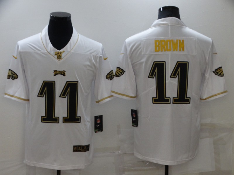 Men's Philadelphia Eagles 11 A. J. Brown White 100th Season Golden Edition Jersey