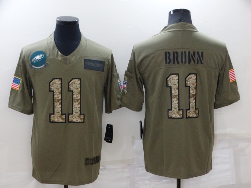 Men's Philadelphia Eagles 11 A. J. Brown Olive Camo Salute To Service Limited Stitched Jersey