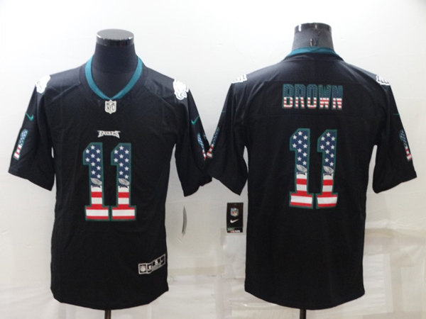 Men's Philadelphia Eagles 11 A. J. Brown Black USA Flag Color Rush Limited Stitched Jersey