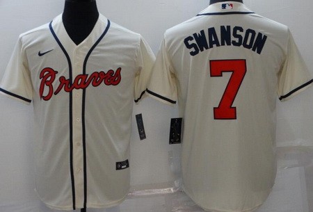 Men's Atlanta Braves #7 Dansby Swanson Cream Cool Base Jersey