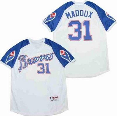 Men's Atlanta Braves #31 Greg Maddux White Blue Throwback Jersey