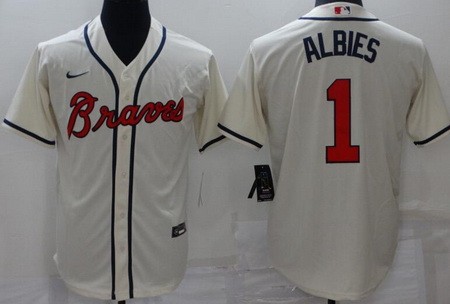Men's Atlanta Braves #1 Ozzie Albies Cream Cool Base Jersey