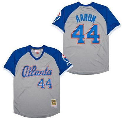 Men's Atlanta Braves #44 Hank Aaron Gray Blue Throwback Jersey