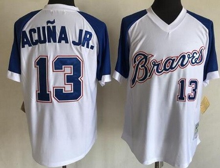 Men's Atlanta Braves #13 Ronald Acuna Jr White Throwback Jersey