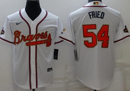 Men's Atlanta Braves #54 Max Fried White 2022 Gold Program Cool Base Jersey