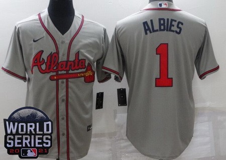 Men's Atlanta Braves #1 Ozzie Albies Gray 2021 World Series Cool Base Jersey