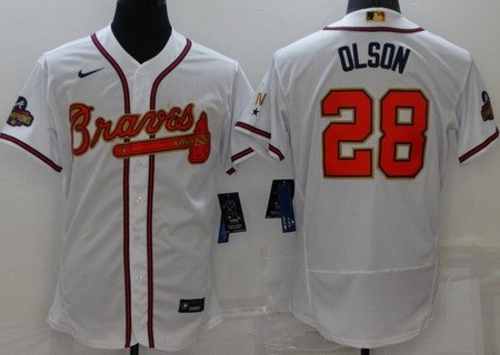 Men's Atlanta Braves #28 Matt Olson White 2022 Gold Program Authentic Jersey
