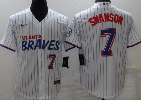 Men's Atlanta Braves #7 Dansby Swanson White City Cool Base Jersey