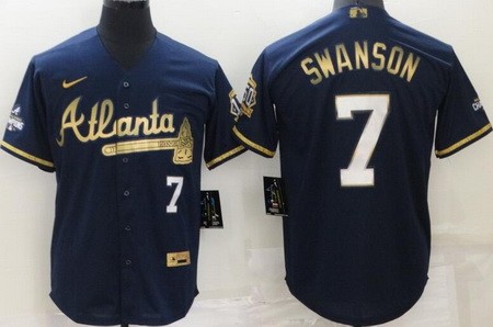Men's Atlanta Braves #7 Dansby Swanson Navy Gold Champions Cool Base Jersey