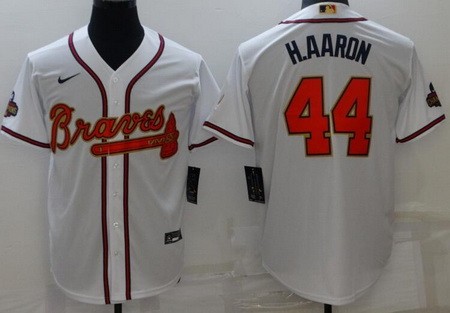 Men's Atlanta Braves #44 Hank Aaron White 2022 Gold Program Cool Base Jersey