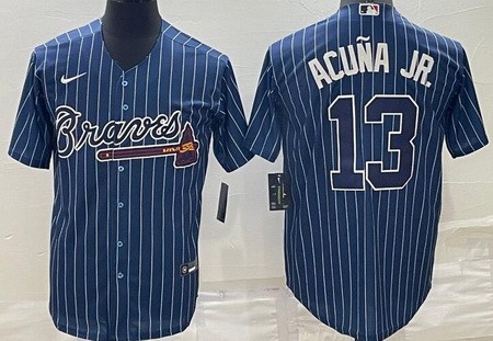 Men's Atlanta Braves #13 Ronald Acuna Jr Blue Stripes Cool Base Jersey