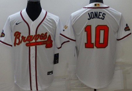 Men's Atlanta Braves #10 Chipper Jones White 2022 Gold Program Cool Base Jersey