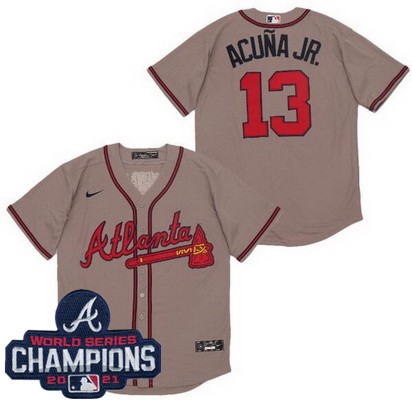 Men's Atlanta Braves #13 Ronald Acuna Jr Gray 2021 World Series Champions Cool Base Jersey