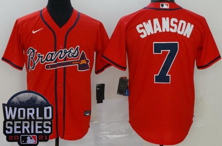 Men's Atlanta Braves #7 Dansby Swanson Red 2021 World Series Cool Base Jersey
