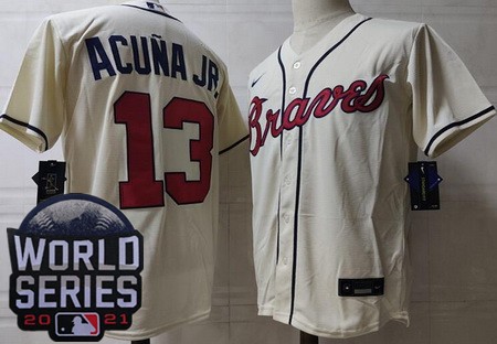 Men's Atlanta Braves #13 Ronald Acuna Jr Cream 2021 World Series Cool Base Jersey