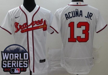 Men's Atlanta Braves #13 Ronald Acuna Jr White 2021 World Series Authentic Jersey