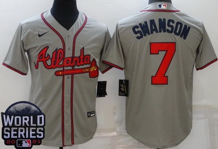 Men's Atlanta Braves #7 Dansby Swanson Gray 2021 World Series Cool Base Jersey