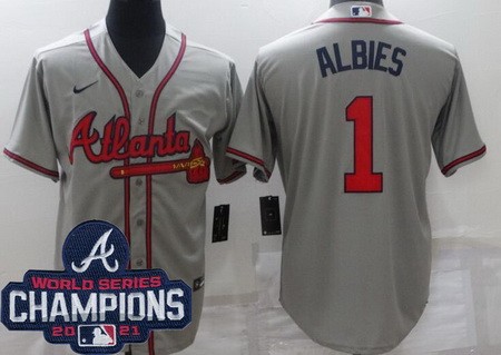 Men's Atlanta Braves #1 Ozzie Albies Gray 2021 World Series Champions Cool Base Jersey