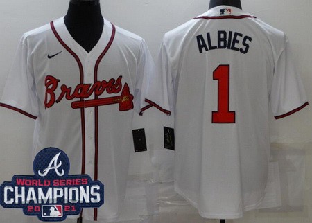 Men's Atlanta Braves #1 Ozzie Albies White 2021 World Series Champions Cool Base Jersey