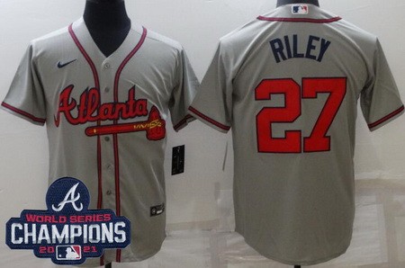 Men's Atlanta Braves #27 Austin Riley Gray 2021 World Series Champions Cool Base Jersey