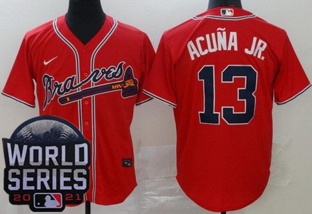 Men's Atlanta Braves #13 Ronald Acuna Jr Red 2021 World Series Cool Base Jersey