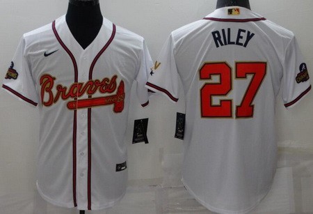 Men's Atlanta Braves #27 Austin Riley White 2022 Gold Program Cool Base Jersey