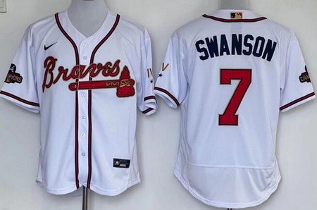 Men's Atlanta Braves #7 Dansby Swanson White 2022 Gold Program Authentic Jersey